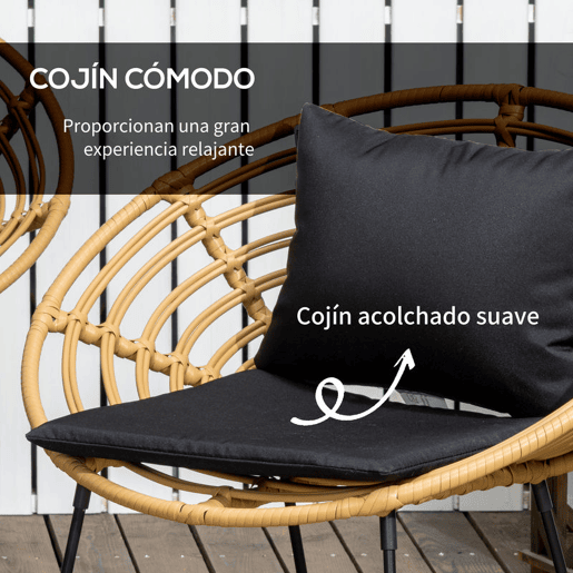 Outsunny Conjunto de Móveis de Jardim em Vime Sintético de 4 Peças Móveis de Exterior com 1 Sofá Duplo 2 Poltronas e Mesa de Vidro com Almofadas Madeira e Preto