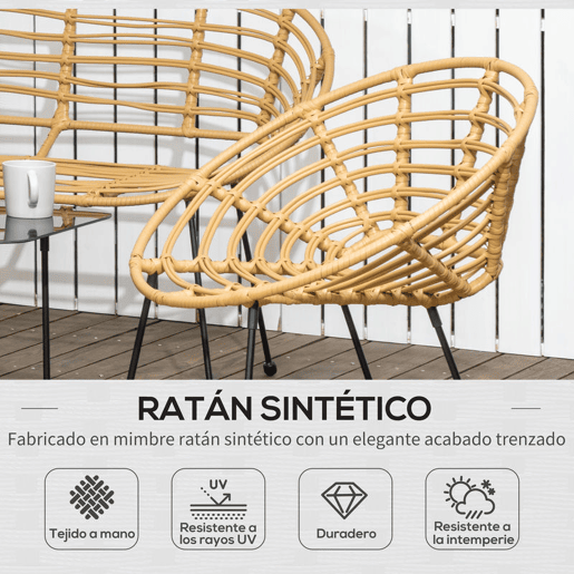 Outsunny Conjunto de Móveis de Jardim em Vime Sintético de 4 Peças Móveis de Exterior com 1 Sofá Duplo 2 Poltronas e Mesa de Vidro com Almofadas Madeira e Preto