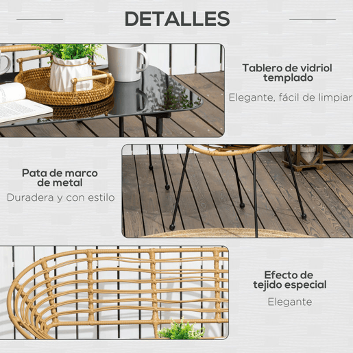 Outsunny Conjunto de Móveis de Jardim em Vime Sintético de 4 Peças Móveis de Exterior com 1 Sofá Duplo 2 Poltronas e Mesa de Vidro com Almofadas Madeira e Preto
