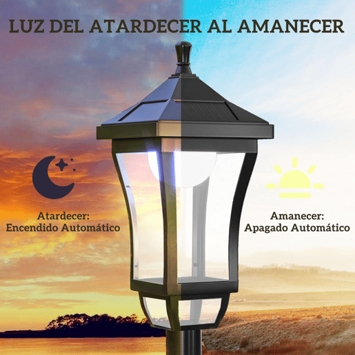 Outsunny Candeeiro Solar de Jardim Candeeiro com Painel Solar Liga e Desliga Automaticamente para Exterior Pátio 15x15x127 cm Preto