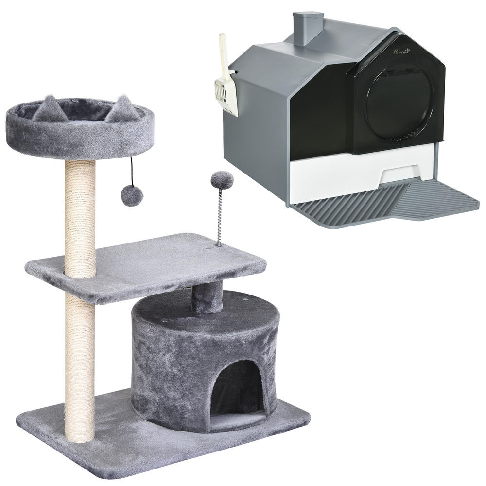 Pawhut conjunto para mascotas incluye 1 árbol rascador para gatos altura 81 cm y 1 arenero cubierto para gatos con bandeja extraíble pala 47x45x42 cm gris