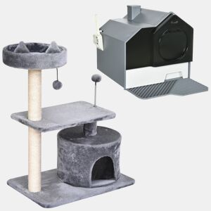 PawHut Conjunto para Animais de Estimação Inclui 1 Arranhador para Gatos com Altura de 81 cm e 1 Caixa de Areia para Gatos com Bandeja Removível e Pá, 47x45x42 cm Cinza