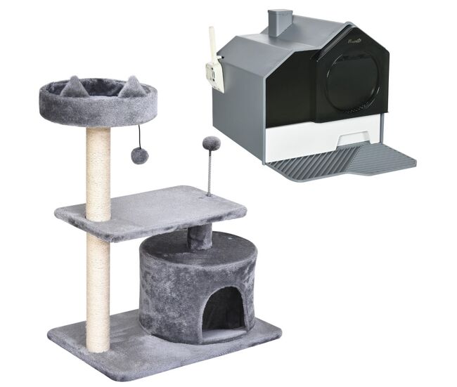 Pawhut conjunto para mascotas incluye 1 árbol rascador para gatos altura 81 cm y 1 arenero cubierto para gatos con bandeja extraíble pala 47x45x42 cm gris