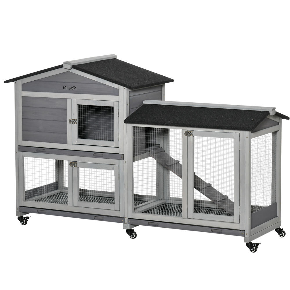 Pawhut conejera de madera con ruedas 157,4x53x99,5 cm jaula para conejos grande con techo asfáltico bandejas extraíbles y rampa para exterior e interior gris