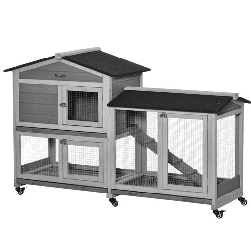 PawHut Casota para Coelhos de Madeira com Rodas 157,4x53x99,5 cm Gaiola Grande com Telhado Asfáltico, Tabuleiros RemovĂveis e Rampa para Exterior e Interior Cinzento PawHut Casota para Coelhos de Madeira com Rodas 157,4x53x99,5 cm Gaiola Grande com Telhado Asfáltico, Tabuleiros RemovĂveis e Rampa para Exterior e Interior Cinzento