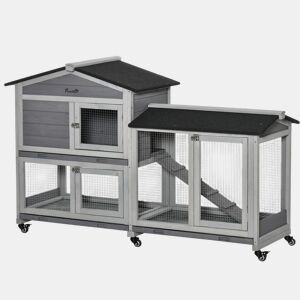 PawHut Casota para Coelhos de Madeira com Rodas 157,4x53x99,5 cm Gaiola Grande com Telhado Asfáltico, Tabuleiros Removíveis e Rampa para Exterior e Interior Cinzento