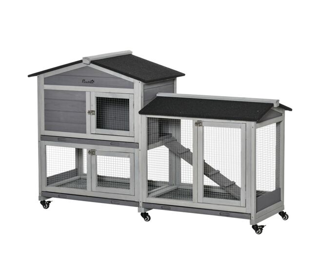 Pawhut conejera de madera con ruedas 157,4x53x99,5 cm jaula para conejos grande con techo asfáltico bandejas extraíbles y rampa para exterior e interior gris