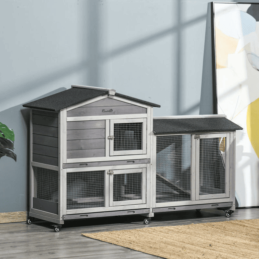 PawHut Casota para Coelhos de Madeira com Rodas 157,4x53x99,5 cm Gaiola Grande com Telhado Asfáltico, Tabuleiros RemovĂveis e Rampa para Exterior e Interior Cinzento PawHut Casota para Coelhos de Madeira com Rodas 157,4x53x99,5 cm Gaiola Grande com Telhado Asfáltico, Tabuleiros RemovĂveis e Rampa para Exterior e Interior Cinzento