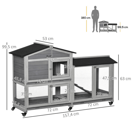PawHut Casota para Coelhos de Madeira com Rodas 157,4x53x99,5 cm Gaiola Grande com Telhado Asfáltico, Tabuleiros RemovĂveis e Rampa para Exterior e Interior Cinzento PawHut Casota para Coelhos de Madeira com Rodas 157,4x53x99,5 cm Gaiola Grande com Telhado Asfáltico, Tabuleiros RemovĂveis e Rampa para Exterior e Interior Cinzento
