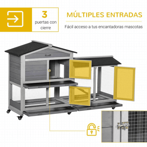 PawHut Casota para Coelhos de Madeira com Rodas 157,4x53x99,5 cm Gaiola Grande com Telhado Asfáltico, Tabuleiros RemovĂveis e Rampa para Exterior e Interior Cinzento PawHut Casota para Coelhos de Madeira com Rodas 157,4x53x99,5 cm Gaiola Grande com Telhado Asfáltico, Tabuleiros RemovĂveis e Rampa para Exterior e Interior Cinzento