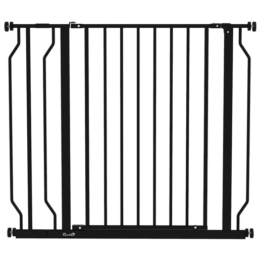 PawHut Barreira de Segurança para Cães Extensível para Escadas e Portas 75-95 cm com 1 Extensões e 10 cm Montagem a Pressão Aço Altura 76 cm Preto