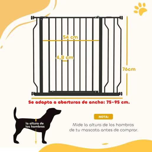 PawHut Barreira de Segurança para Cães Extensível para Escadas e Portas 75-95 cm com 1 Extensões e 10 cm Montagem a Pressão Aço Altura 76 cm Preto