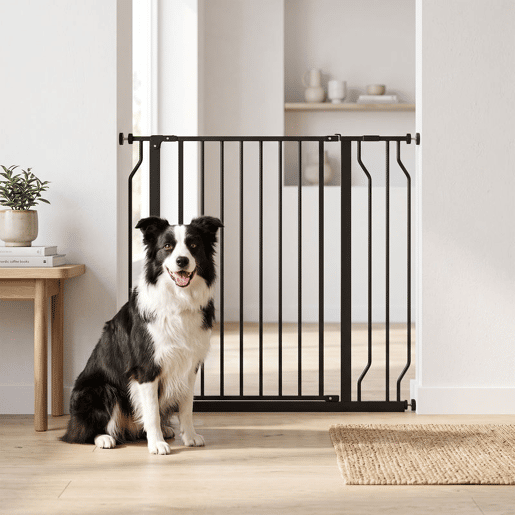PawHut Barreira de Segurança para Cães Extensível para Escadas e Portas 75-95 cm com 1 Extensões e 10 cm Montagem a Pressão Aço Altura 76 cm Preto