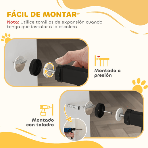 PawHut Barreira de Segurança para Cães Extensível para Escadas e Portas 75-95 cm com 1 Extensões e 10 cm Montagem a Pressão Aço Altura 76 cm Preto