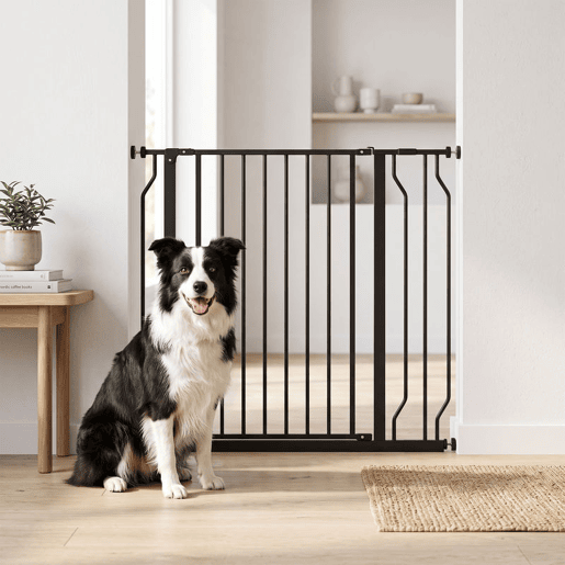 PawHut Barreira de Segurança para Cães Extensível para Escadas e Portas 75-95 cm com 1 Extensões e 10 cm Montagem a Pressão Aço Altura 76 cm Preto