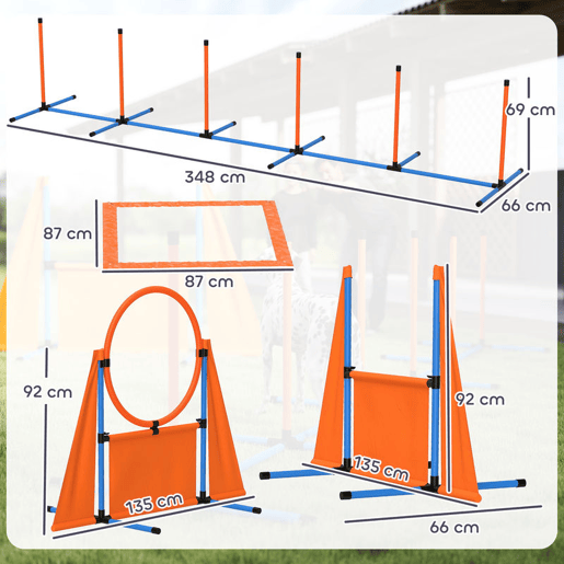 PawHut Conjunto de Treino de Agilidade para Cães de 6 Peças Conjunto Agility para Cães com Piquetes para Slalom Zona de Descanso Barreira Anel de Salto e Bolas Laranja