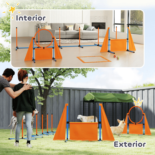 PawHut Conjunto de Treino de Agilidade para Cães de 6 Peças Conjunto Agility para Cães com Piquetes para Slalom Zona de Descanso Barreira Anel de Salto e Bolas Laranja