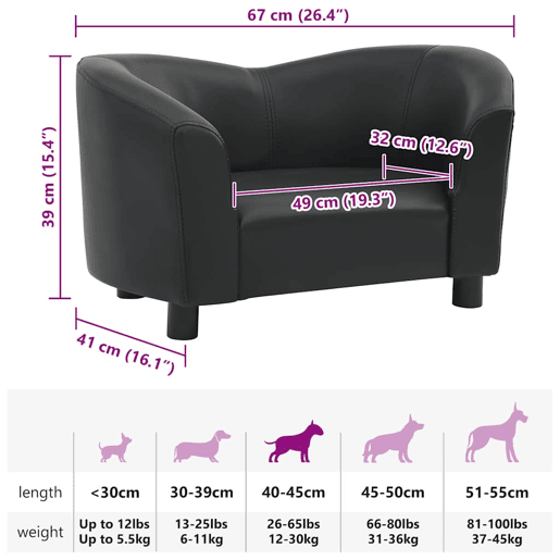 vidaXL Sofá para cães 67x41x39 cm couro artificial preto vidaXL Sofá para cães 67x41x39 cm couro artificial preto