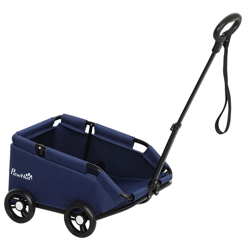 Pawhut carrito para perros plegable cochecito para mascotas carrito para perros miniatura con barra de empuje ajustable diseño abierto cojín bolsa de almacenamiento y ruedas 53x45x28 cm azul oscuro