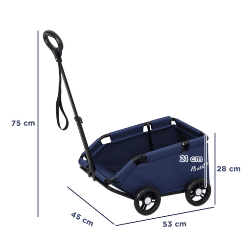 PawHut Carrinho para Cães Dobrável Carrinho para Animais de Estimação Carrinho para Cães Miniatura com Barra de Empurre Ajustável Desenho Aberto Almofada Bolsa de Armazenamento e Rodas 53x45x28 cm Azul Escuro
