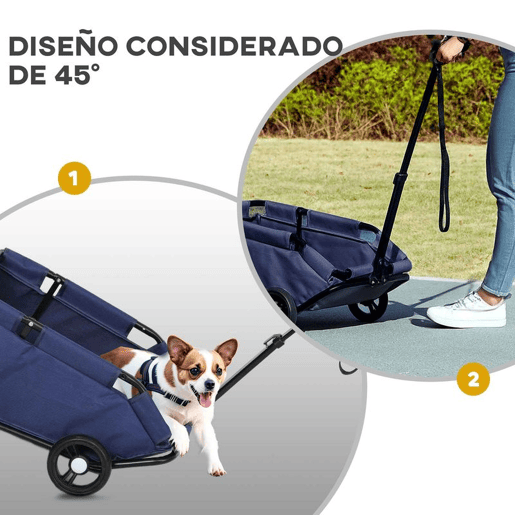 PawHut Carrinho para Cães Dobrável Carrinho para Animais de Estimação Carrinho para Cães Miniatura com Barra de Empurre Ajustável Desenho Aberto Almofada Bolsa de Armazenamento e Rodas 53x45x28 cm Azul Escuro