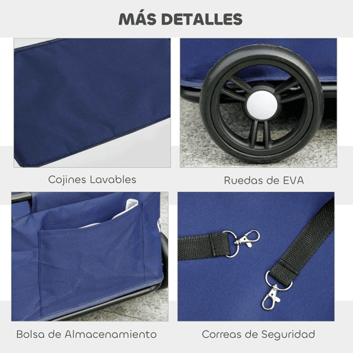 PawHut Carrinho para Cães Dobrável Carrinho para Animais de Estimação Carrinho para Cães Miniatura com Barra de Empurre Ajustável Desenho Aberto Almofada Bolsa de Armazenamento e Rodas 53x45x28 cm Azul Escuro