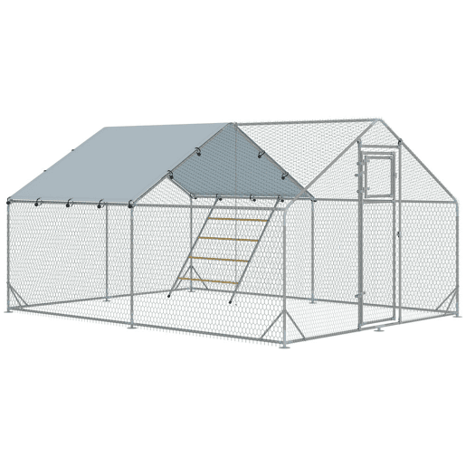 PawHut Galinheiro para Exterior 12 m² 3x4x1,95 m para 12-18 Galinhas Galinheiro de Aço Galvanizado com Poleiro, Comedouro Suspenso Tipo Espeto, Fechadura, Cobertura Anti-UV Impermeável para Coelhos Prateado