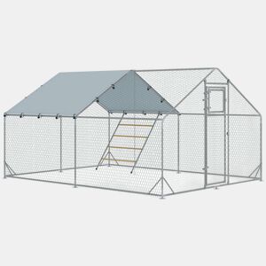 PawHut Galinheiro para Exterior 12 m² 3x4x1,95 m para 12-18 Galinhas Galinheiro de Aço Galvanizado com Poleiro, Comedouro Suspenso Tipo Espeto, Fechadura, Cobertura Anti-UV Impermeável para Coelhos Prateado