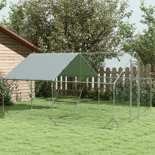 PawHut Galinheiro para Exterior 12 m² 3x4x1,95 m para 12-18 Galinhas Galinheiro de Aço Galvanizado com Poleiro, Comedouro Suspenso Tipo Espeto, Fechadura, Cobertura Anti-UV Impermeável para Coelhos Prateado