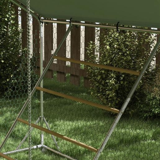 PawHut Galinheiro para Exterior 12 m² 3x4x1,95 m para 12-18 Galinhas Galinheiro de Aço Galvanizado com Poleiro, Comedouro Suspenso Tipo Espeto, Fechadura, Cobertura Anti-UV Impermeável para Coelhos Prateado