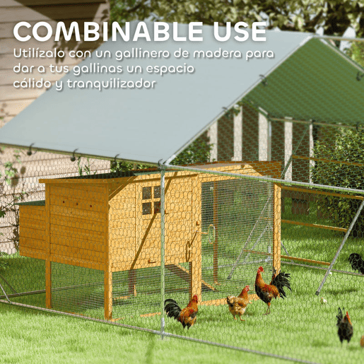 PawHut Galinheiro para Exterior 12 m² 3x4x1,95 m para 12-18 Galinhas Galinheiro de Aço Galvanizado com Poleiro, Comedouro Suspenso Tipo Espeto, Fechadura, Cobertura Anti-UV Impermeável para Coelhos Prateado