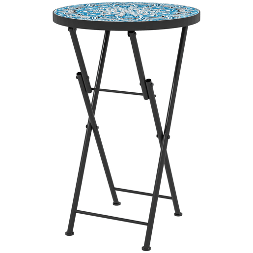 Outsunny Mesa Auxiliar Redonda Mesa de Jardim Dobrável com Bancada em Mosaico e Pés com Almofadas Antiderrapantes Mesa para Exterior Pátio Varanda Ø35,5x55 cm Azul