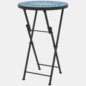 Outsunny Mesa Auxiliar Redonda Mesa de Jardim Dobrável com Bancada em Mosaico e Pés com Almofadas Antiderrapantes Mesa para Exterior Pátio Varanda Ø35,5x55 cm Azul
