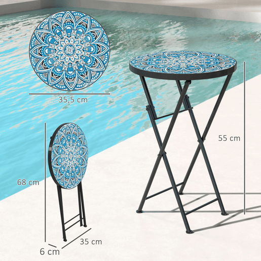 Outsunny Mesa Auxiliar Redonda Mesa de Jardim Dobrável com Bancada em Mosaico e Pés com Almofadas Antiderrapantes Mesa para Exterior Pátio Varanda Ø35,5x55 cm Azul