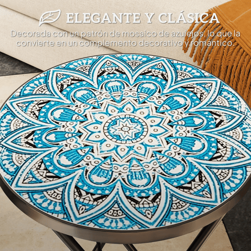 Outsunny Mesa Auxiliar Redonda Mesa de Jardim Dobrável com Bancada em Mosaico e Pés com Almofadas Antiderrapantes Mesa para Exterior Pátio Varanda Ø35,5x55 cm Azul