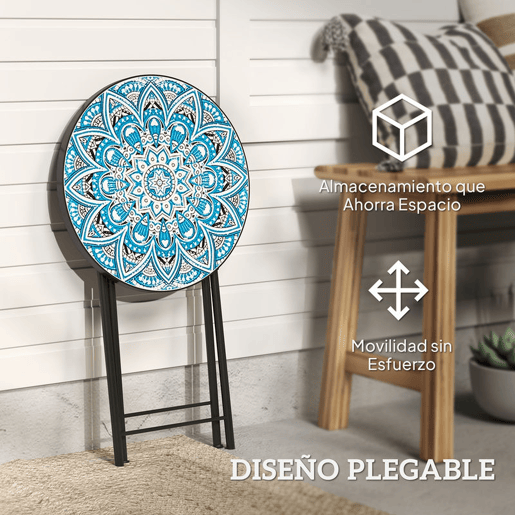Outsunny Mesa Auxiliar Redonda Mesa de Jardim Dobrável com Bancada em Mosaico e Pés com Almofadas Antiderrapantes Mesa para Exterior Pátio Varanda Ø35,5x55 cm Azul