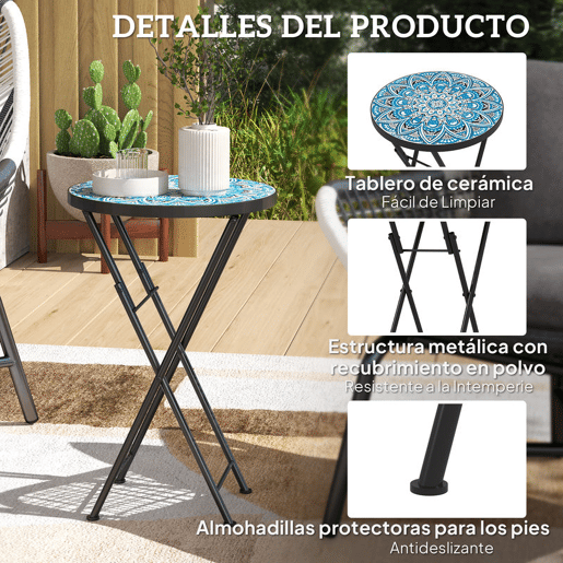 Outsunny Mesa Auxiliar Redonda Mesa de Jardim Dobrável com Bancada em Mosaico e Pés com Almofadas Antiderrapantes Mesa para Exterior Pátio Varanda Ø35,5x55 cm Azul