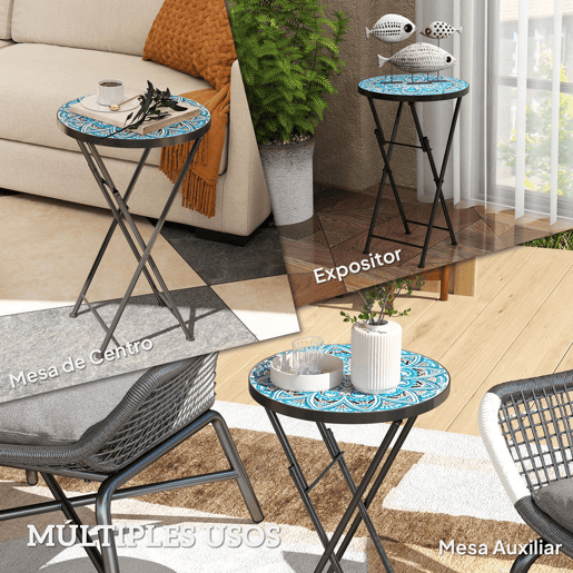 Outsunny Mesa Auxiliar Redonda Mesa de Jardim Dobrável com Bancada em Mosaico e Pés com Almofadas Antiderrapantes Mesa para Exterior Pátio Varanda Ø35,5x55 cm Azul