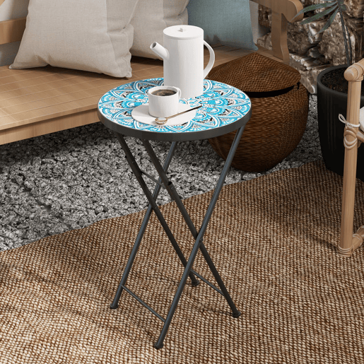 Outsunny Mesa Auxiliar Redonda Mesa de Jardim Dobrável com Bancada em Mosaico e Pés com Almofadas Antiderrapantes Mesa para Exterior Pátio Varanda Ø35,5x55 cm Azul