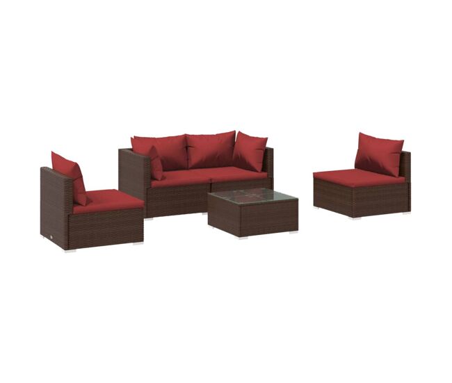 Set muebles de jardín 5 piezas y cojines ratán sintético marrón