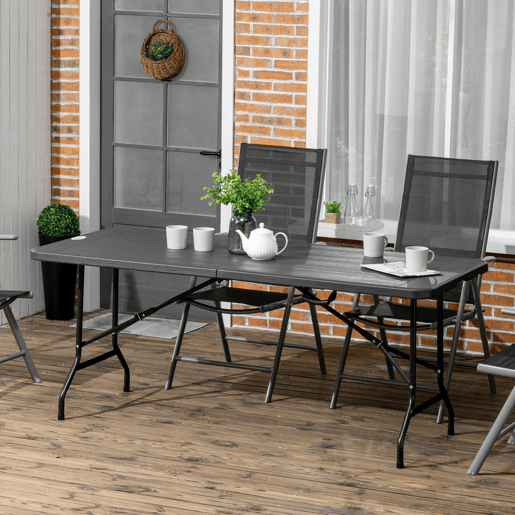Outsunny Mesa Dobrável de Jardim Retangular Portátil 180x75,5x73 cm Mesa de Refeição de Exterior em Aço e HDPE com Alça de Transporte para 6 Pessoas Carga 100 kg Cinza Escuro