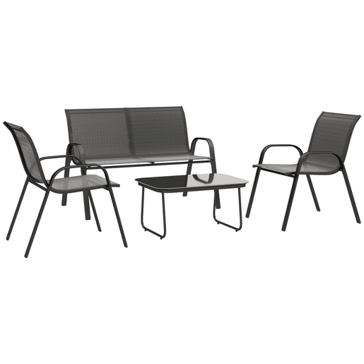 Outsunny Conjunto de Jardim Exterior 4 Peças Móveis para Jardim com 2 Cadeiras Empilháveis 1 Sofá de 2 Lugares e Mesa de Centro com Bancada de Vidro Temperado Preto