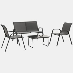 Outsunny Conjunto de Jardim Exterior 4 Peças Móveis para Jardim com 2 Cadeiras Empilháveis 1 Sofá de 2 Lugares e Mesa de Centro com Bancada de Vidro Temperado Preto