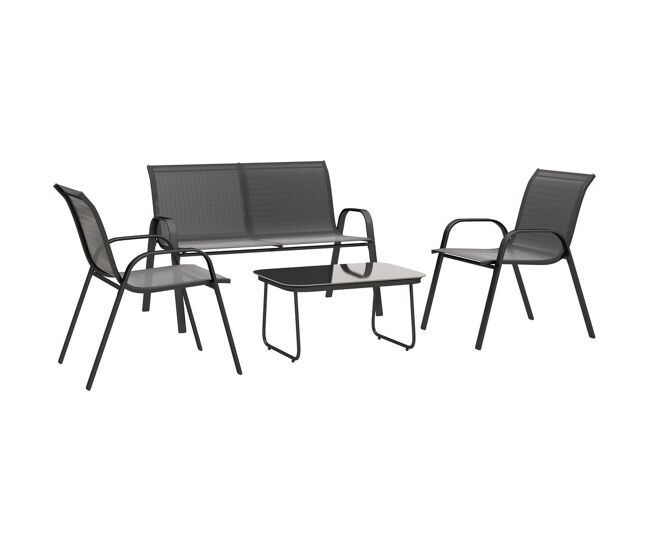 Outsunny conjunto de jardín exterior 4 piezas muebles jardín exterior con 2 sillones apilables 1 sofá de 2 plazas y mesa de centro con tablero de vidrio templado negro
