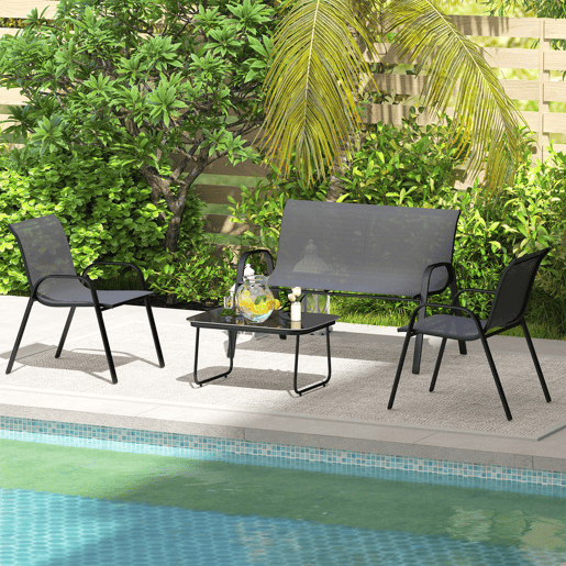 Outsunny Conjunto de Jardim Exterior 4 Peças Móveis para Jardim com 2 Cadeiras Empilháveis 1 Sofá de 2 Lugares e Mesa de Centro com Bancada de Vidro Temperado Preto