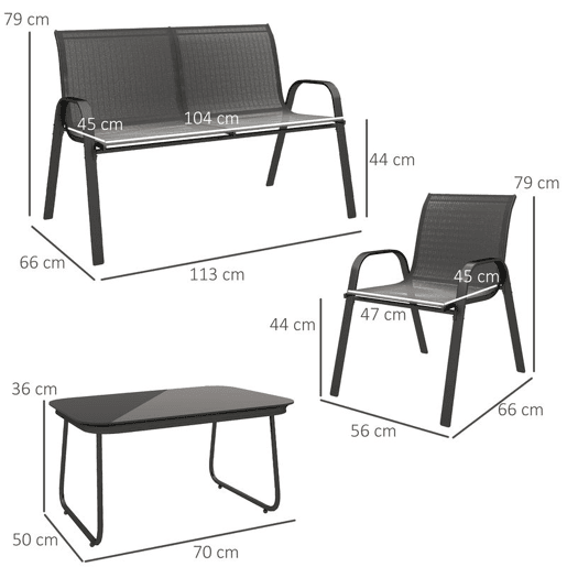 Outsunny Conjunto de Jardim Exterior 4 Peças Móveis para Jardim com 2 Cadeiras Empilháveis 1 Sofá de 2 Lugares e Mesa de Centro com Bancada de Vidro Temperado Preto