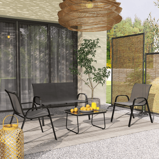 Outsunny Conjunto de Jardim Exterior 4 Peças Móveis para Jardim com 2 Cadeiras Empilháveis 1 Sofá de 2 Lugares e Mesa de Centro com Bancada de Vidro Temperado Preto
