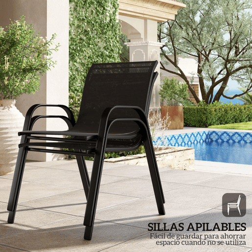 Outsunny Conjunto de Jardim Exterior 4 Peças Móveis para Jardim com 2 Cadeiras Empilháveis 1 Sofá de 2 Lugares e Mesa de Centro com Bancada de Vidro Temperado Preto