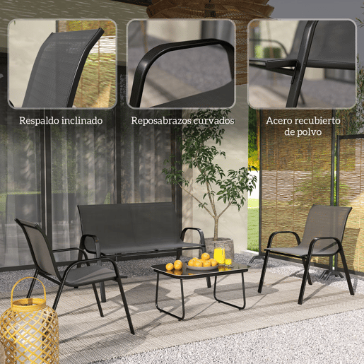 Outsunny Conjunto de Jardim Exterior 4 Peças Móveis para Jardim com 2 Cadeiras Empilháveis 1 Sofá de 2 Lugares e Mesa de Centro com Bancada de Vidro Temperado Preto