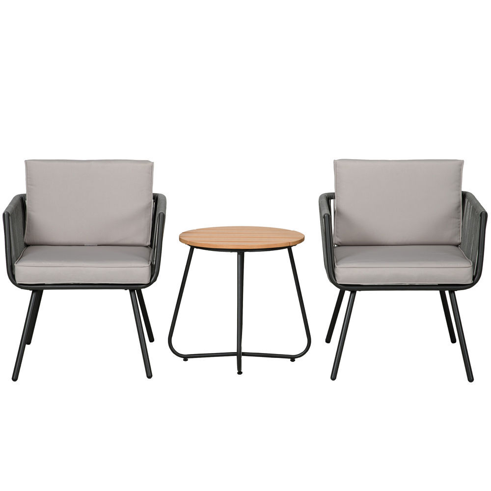 Outsunny conjunto de muebles de jardín de ratán sintético 3 piezas conjunto de mesa y 2 sillas de ratán con cojines acolchados extraíbles para balcón terraza patio gris